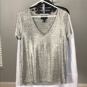 Metallic silver V-neck tee